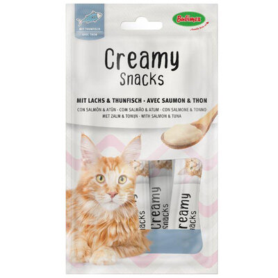 Ласощі Bubimex Creamy Snacks with Salmon and Tuna Снеки кремові з лососем та тунцем для котів, 4 стіки по 60 г
