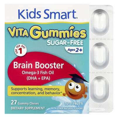 Омега-3 риб'ячий жир Kids Smart Vita Gummies Brain Booster для дітей від 2 років, без цукру, смак фруктів, 27 жувальних цукерок