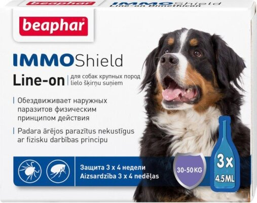 Краплі на холку Beaphar IMMO Shield Line-on протипаразитарні з силіконовою олією для собак великих порід від 30 до 50 кг, 3 піпетки