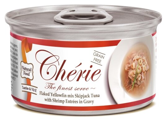Корм вологий Cherie Flaked Yellowfin Mix Skipjack Tuna & Shrimp для котів з ніжними шматочками тунця та креветок в соусі, 80 г