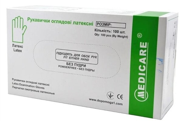 Рукавички оглядові Medicare Latex Powderfree латексні без пудри нестерильні, розмір M, 100 штук