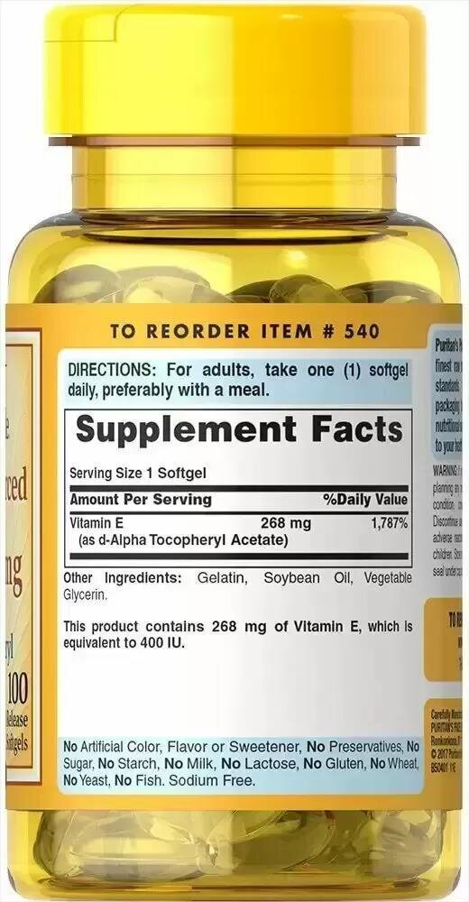 Вітамін Е Puritan's Pride Vitamin E-400 IU (268 мг), 100 гелевих капсул
