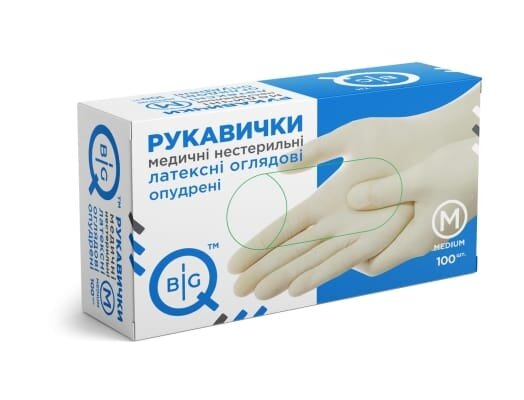 Рукавички оглядові BigQ латексні припудрені, нестерильні, розмір M, 100 штук