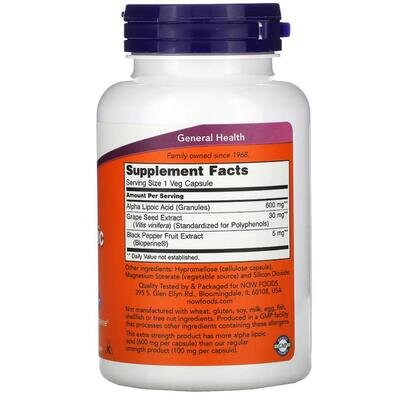 Альфа-ліпоєва кислота NOW Alpha Lipoic Acid 600 мг вег. капсули №120