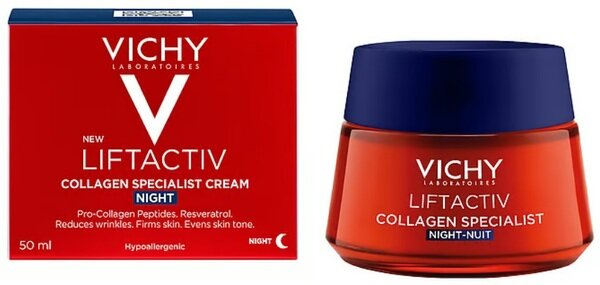 Крем-догляд Vichy LiftActiv Collagen Specialist нічний антивіковий з ефектом корекції зморшок та надання пружності шкірі, 50 мл
