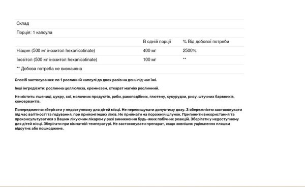 Ніацин Solgar No-Flush Niacin 500 мг вег. капсули №250