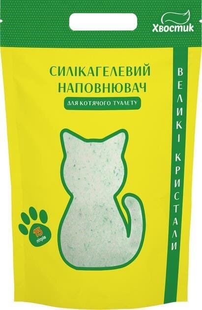 Наповнювач для туалету Хвостик силікагелевий велика фракція із зеленими гранулами, 15 л