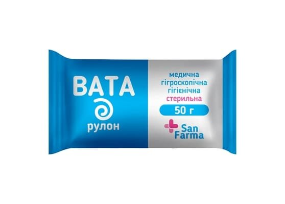 Вата стерильна San Farma медична гігієнічна, ролик 50 г
