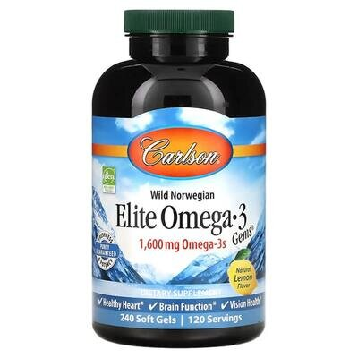 Омега-3 Carlson Labs Elite Omega-3 1600 мг зі смаком лимону, 240 капсул