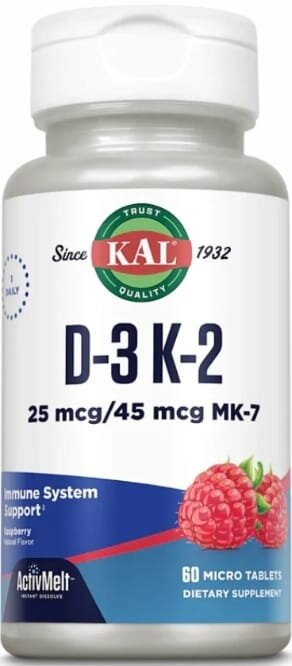 Вітамін Д3 та К2 KAL D3 & K2 25 мкг/45 мкг малина, 60 мікротаблеток