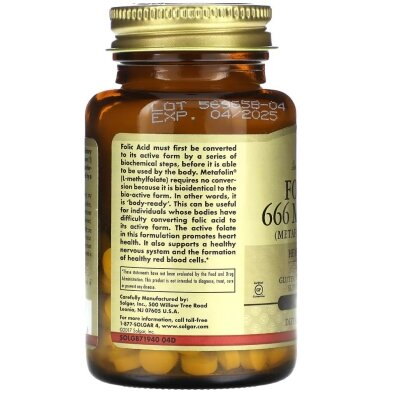 Фолат Solgar Folate 666 мкг DFE (Metafolin 400 мкг) таблетки №100
