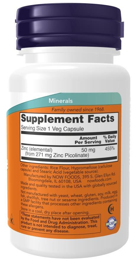 Цинк піколінат NOW Zinc Picolinate 50 мг вег. капсули №120