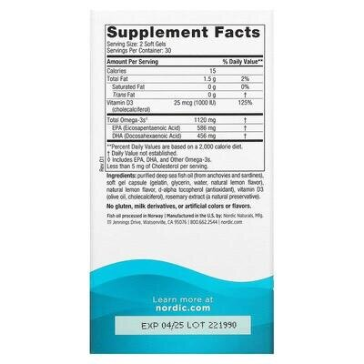 Омега та Д3 Nordic Naturals Ultimate Omega-D3 2X, лимон, 1120 мг/1000 МО, 60 гелевих міні капсул