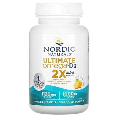 Омега та Д3 Nordic Naturals Ultimate Omega-D3 2X, лимон, 1120 мг/1000 МО, 60 гелевих міні капсул
