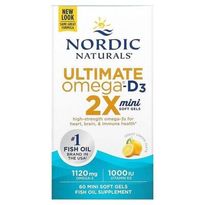 Омега та Д3 Nordic Naturals Ultimate Omega-D3 2X, лимон, 1120 мг/1000 МО, 60 гелевих міні капсул