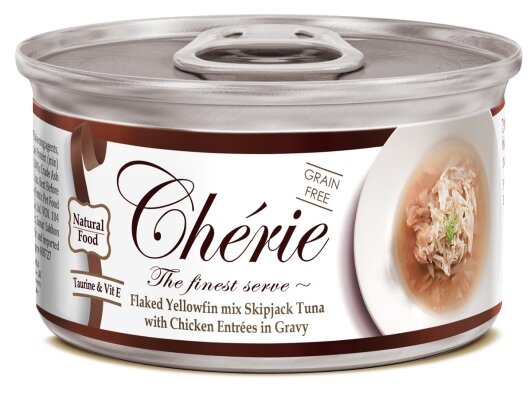 Корм вологий Cherie Flaked Yellowfin Mix Skipjack Tuna & Chiken для котів з ніжними шматочками тунця та курки в соусі, 80 г