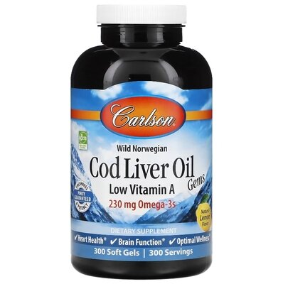Риб'ячий жир з низьким вмістом вітаміну А Carlson Labs Cod Liver Oil Low Vitamin A 230 мг Omega-3 Норвезька серія, 300 желатинових капсул