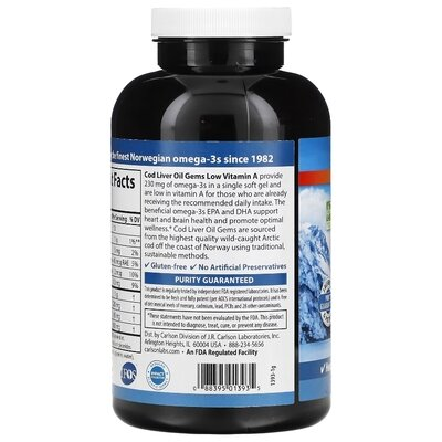 Риб'ячий жир з низьким вмістом вітаміну А Carlson Labs Cod Liver Oil Low Vitamin A 230 мг Omega-3 Норвезька серія, 300 желатинових капсул