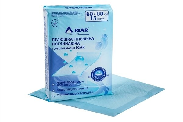 Пелюшки IGAR одноразові поглинаючі 60 x 60 см, 15 шт