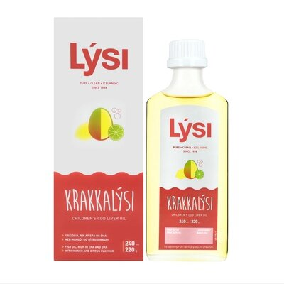Омега-3 риб'ячий жир LYSI KIDS для дітей з вітамінами А, D, Е зі смаком манго, лимона та лайма, рідка форма по 240 мл у скляній пляшці
