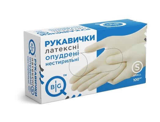Рукавички оглядові BigQ латексні припудрені, нестерильні, розмір S, 100 штук