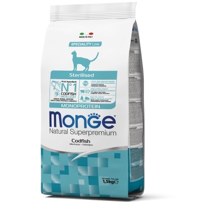 Корм сухий Monge Сat Monoprotein Sterilised для стерилізованих кішок з тріскою, 1,5 кг