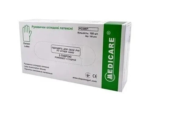 Рукавички оглядові Medicare Latex Powdered латексні з пудрою нестерильні, розмір M, 100 штук