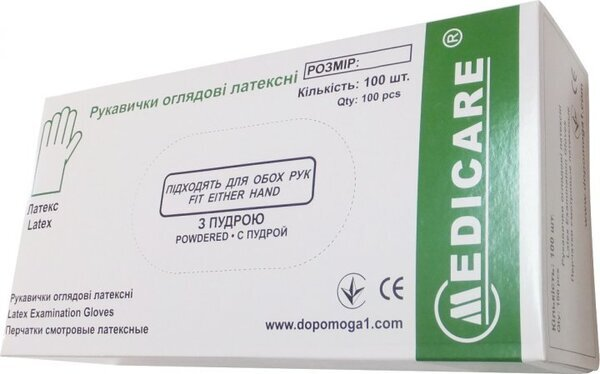 Рукавички оглядові Medicare Latex Powdered латексні з пудрою нестерильні, розмір M, 100 штук