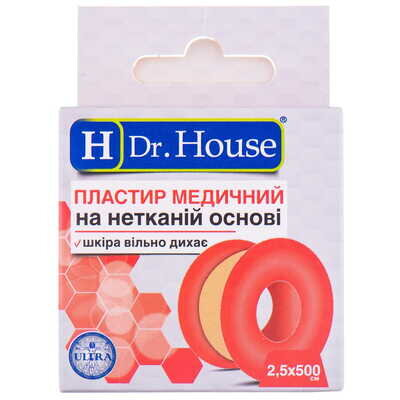 Пластир медичний Dr. House на нетканій основі, 2,5 см х 500 см, уп. з підвісом, 1 штука
