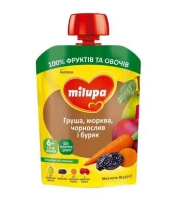Пюре фруктово-овочеве Milupa Груша, морква, чорнослив і буряк для дітей з 6 місяців, 80 г