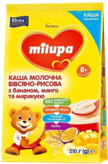 Каша молочна Milupa вівсяно-рисова з бананом, манго та маракуєю для дітей від 8 місяців, 210 г
