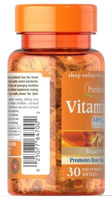 Вітамін К2 Puritan's Pride Vitamin K-2 (MenaQ7) 100 мкг, 30 гелевих капсул