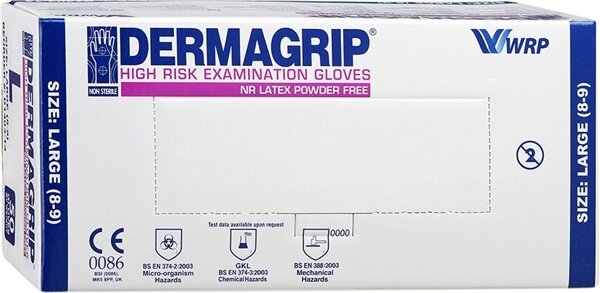 Рукавички оглядові Dermagrip High Risk латексні без пудри нестерильні, розмір L, пара