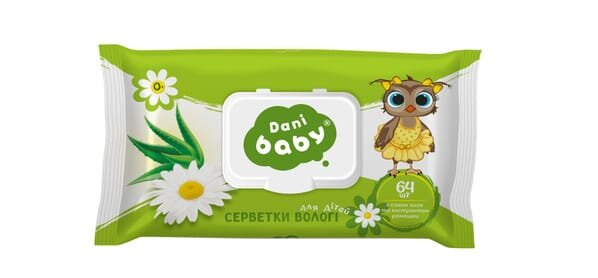 Серветки вологі Dani Baby дитячі з екстрактом ромашки та алое вера, 64 штуки