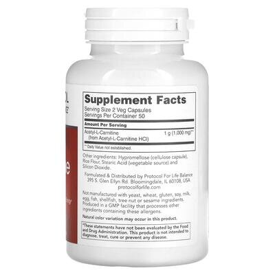 Ацетил-L-карнітин Protocol for Life Balanc Acetyl-L-Carnitine 500 мг, 100 веганських капсул