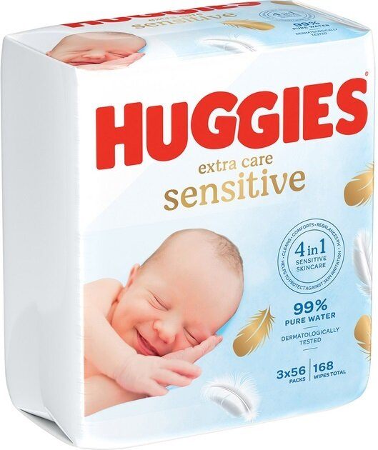 Серветки вологі Huggies Extra Care Sensitive дитячі, для новонароджених, 3 х 56 шт