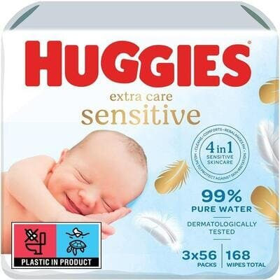Серветки вологі Huggies Extra Care Sensitive дитячі, для новонароджених, 3 х 56 шт