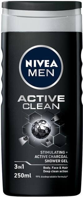 Гель для душу чоловічий Nivea Men 3-в-1 Active Clean для тіла, обличчя та волосся, 250 мл