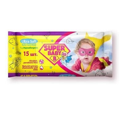 Серветки вологі Super Baby дитячі Ромашка та алое, 15 шт
