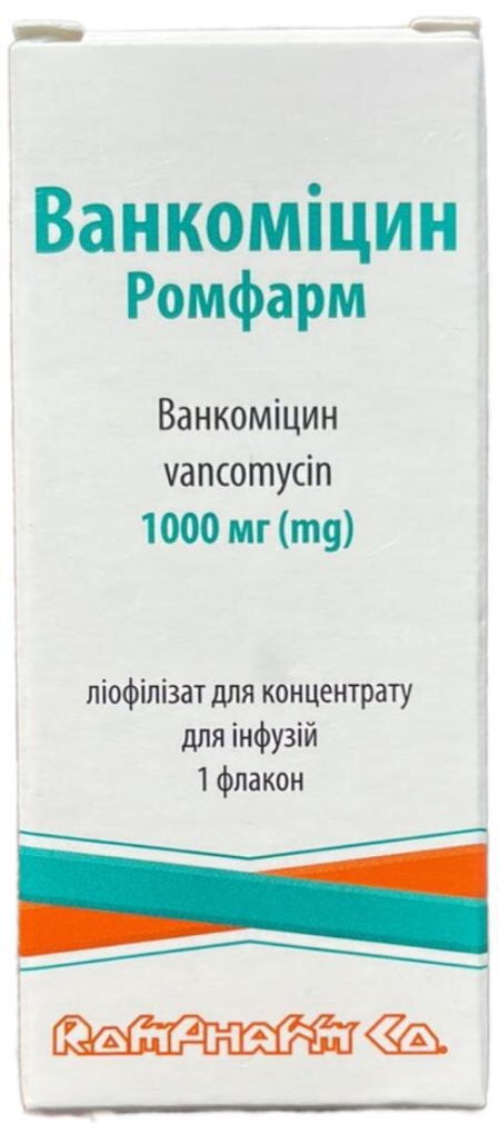Ванкоміцин Ромфарм ліофілізат для р-ну д/інф. по 1000 мг №1 у флак.