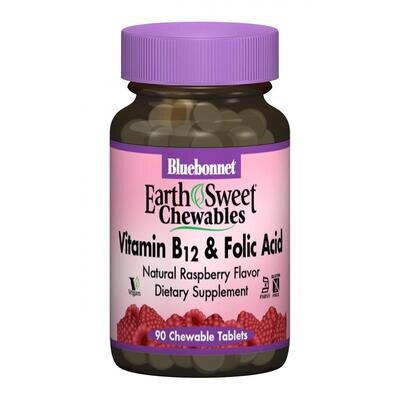 Вітамін В12 та Фолієва кислота Bluebonnet Nutrition Earth Sweet Chewables, смак малини, жувальні таблетки №90