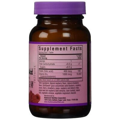 Вітамін В12 та Фолієва кислота Bluebonnet Nutrition Earth Sweet Chewables, смак малини, жувальні таблетки №90