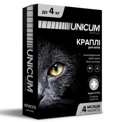 Краплі на холку Unicum Premium від бліх і кліщів для кішок вагою 0-4 кг, 1 штука