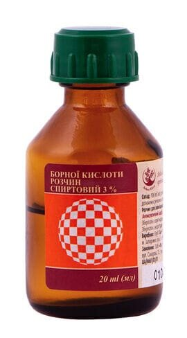 Борна кислота розчин д/зовн. заст., спирт. 3 % по 20 мл у флак.
