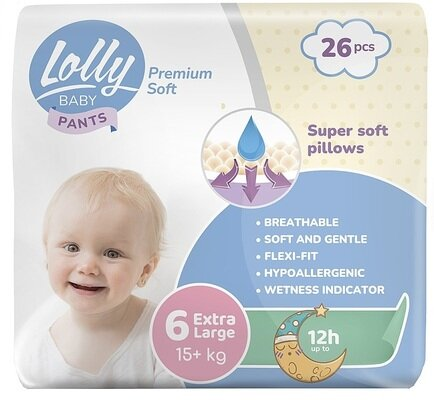 Підгузки-трусики Lolly Premium Soft Extra Large дитячі, розмір 6, 15+ кг, 26 шт