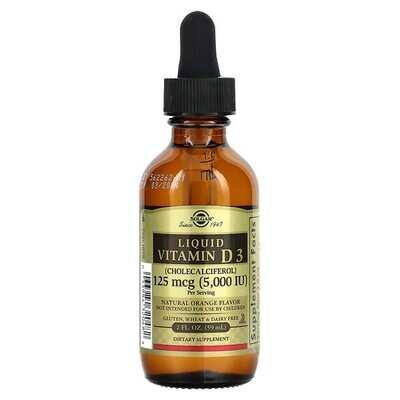 Вітамін Д3 Solgar Liquid Vitamin D3 (Cholecalciferol) 125 мкг (5000 МО) смак апельсину, 59 мл