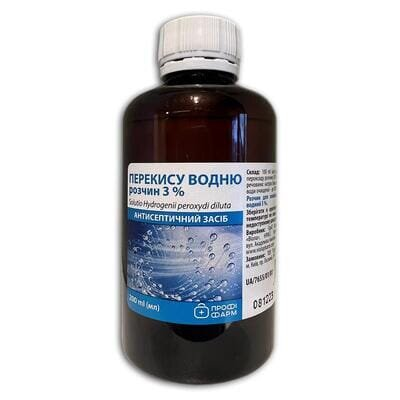 Перекис водню розчин д/зовн. заст., вод. 3 % по 200 мл у флак. полім.
