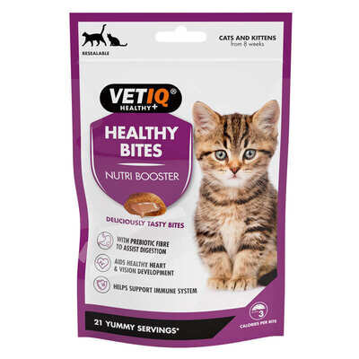 Ласощі для кошенят VetIQ Healthy Bites Nutri Booster з лососем сприяють зміцненню імунітету та здоров'ю ШКТ, 65 г