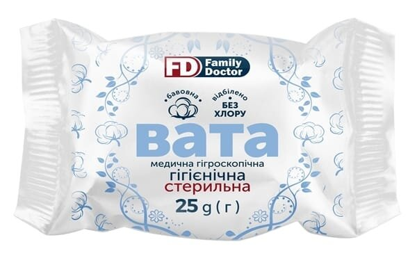 Вата стерильна FD Family Doctor медична гігроскопічна, гігієнічна, ролик 25 г