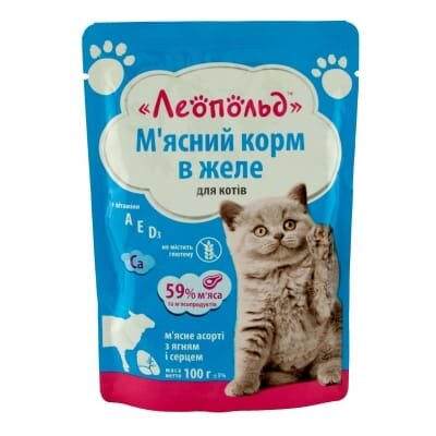 Корм вологий для котів Леопольд Асорті з ягням і серцем в желе, 100 г
